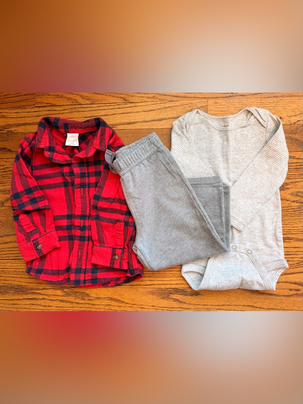 18 mo Bundle Red & Black Buffalo Plaid Shirt with Gray Joggers & Stripe Bodysuit